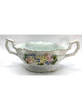 Antique Lefton Oval Bowl W/ Handles, Raised Flowers No Chips